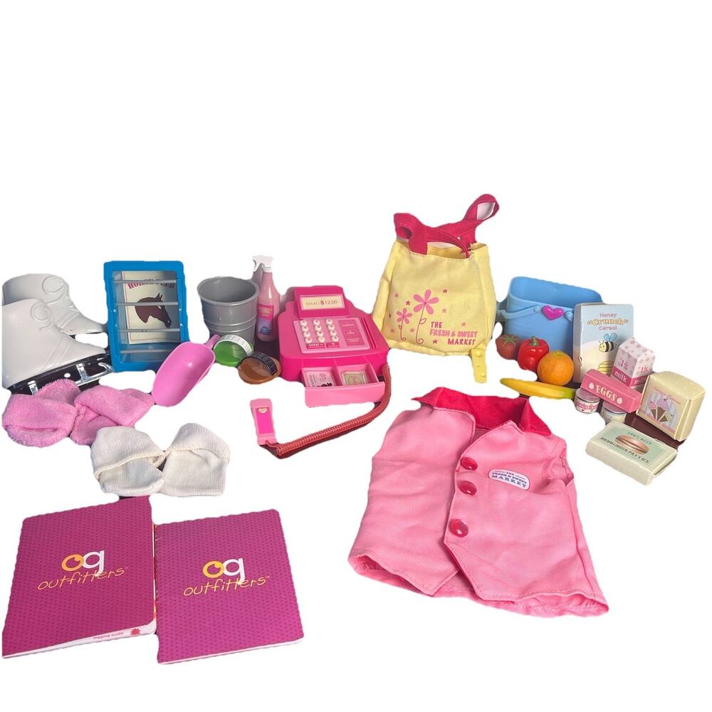 18" Doll Play Food Set Grocery Register Money Horse Brushes Ice Skates Toy Lot